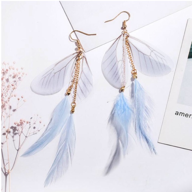 Đôi bông tai cánh chuồn phối lông vũ đẹp xuất sắc ??