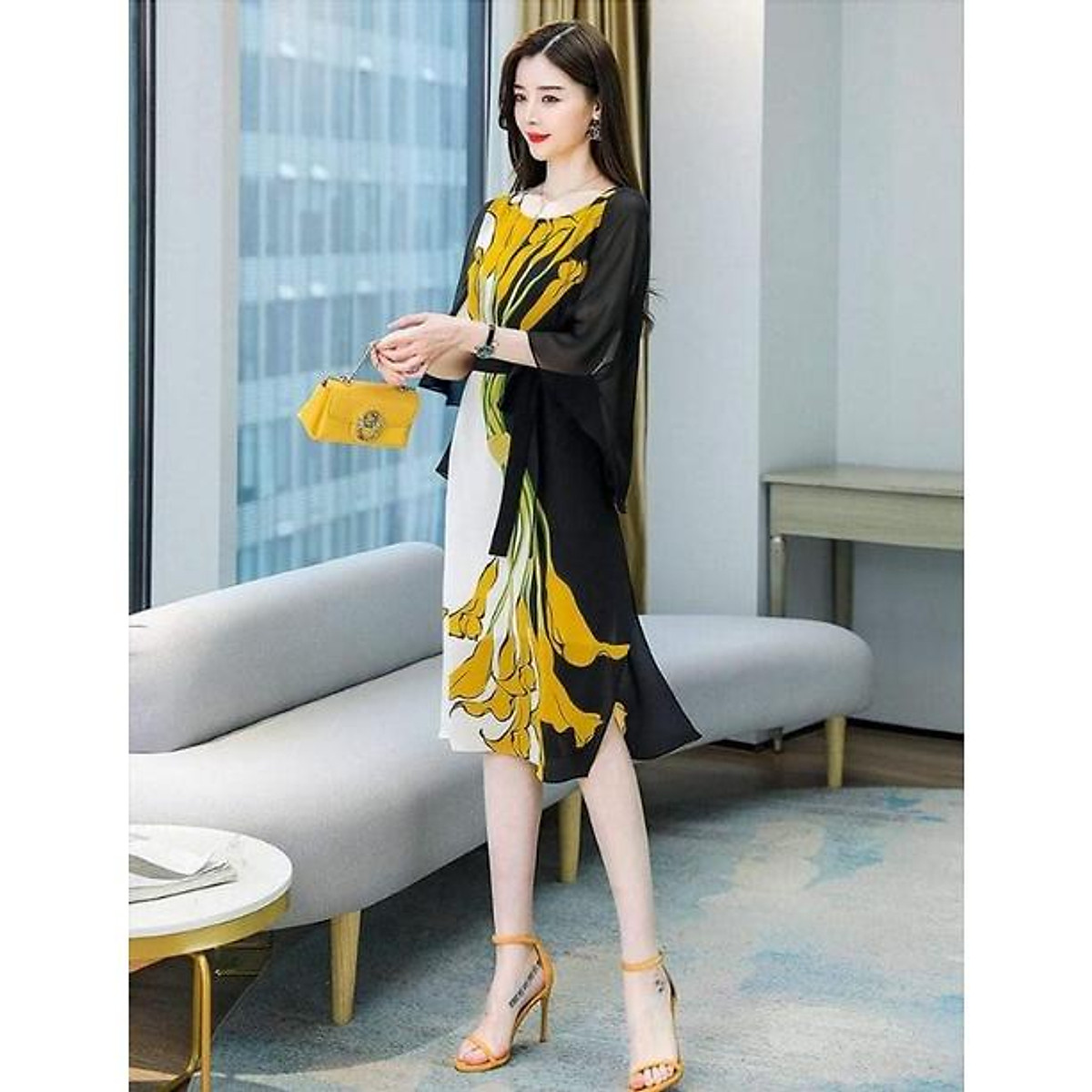 ĐẦM SUÔNG HOA RUM VÀNG THẮT NƠ EO