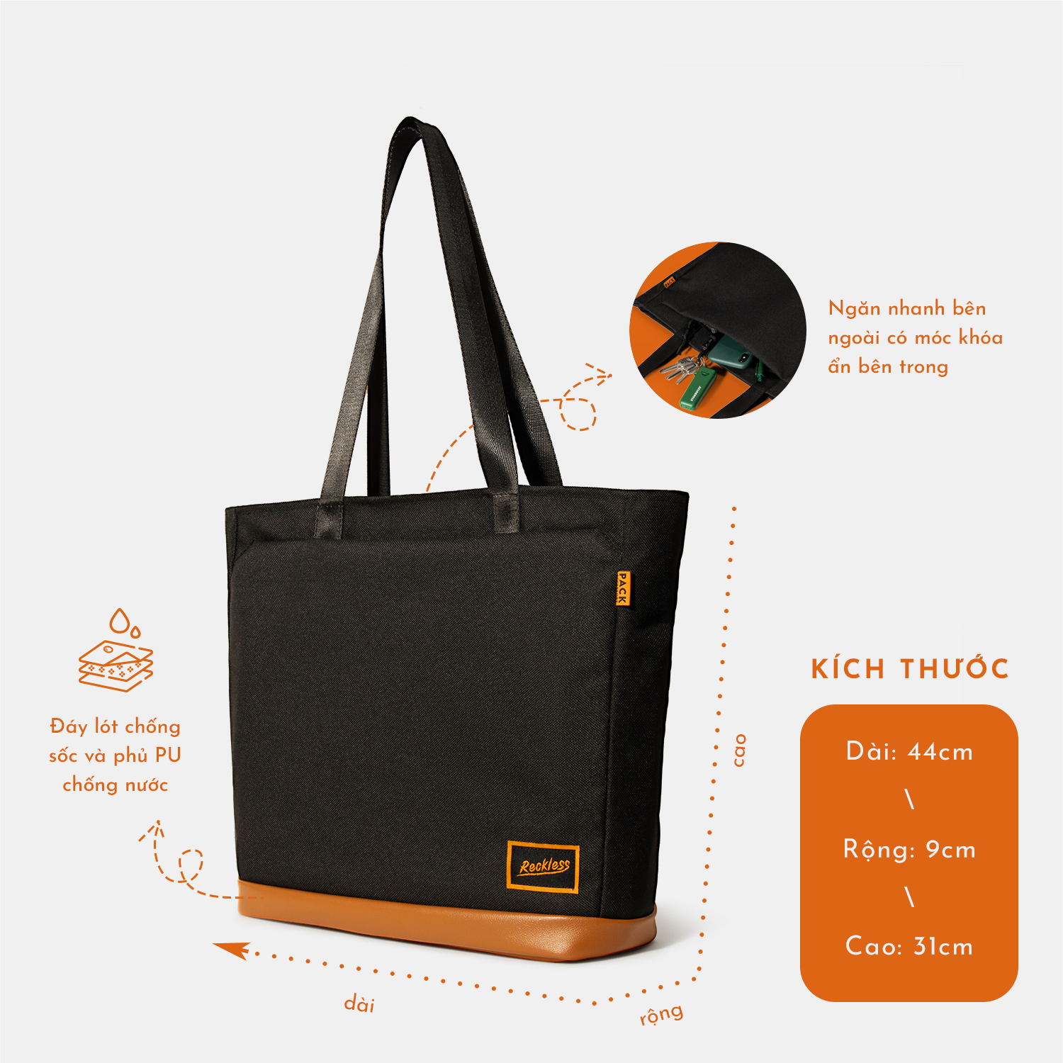 Túi Tote Reckless May Tote (Vải Polyester, Nhiều Ngăn Tiện Ích, Laptop 14 Inch)