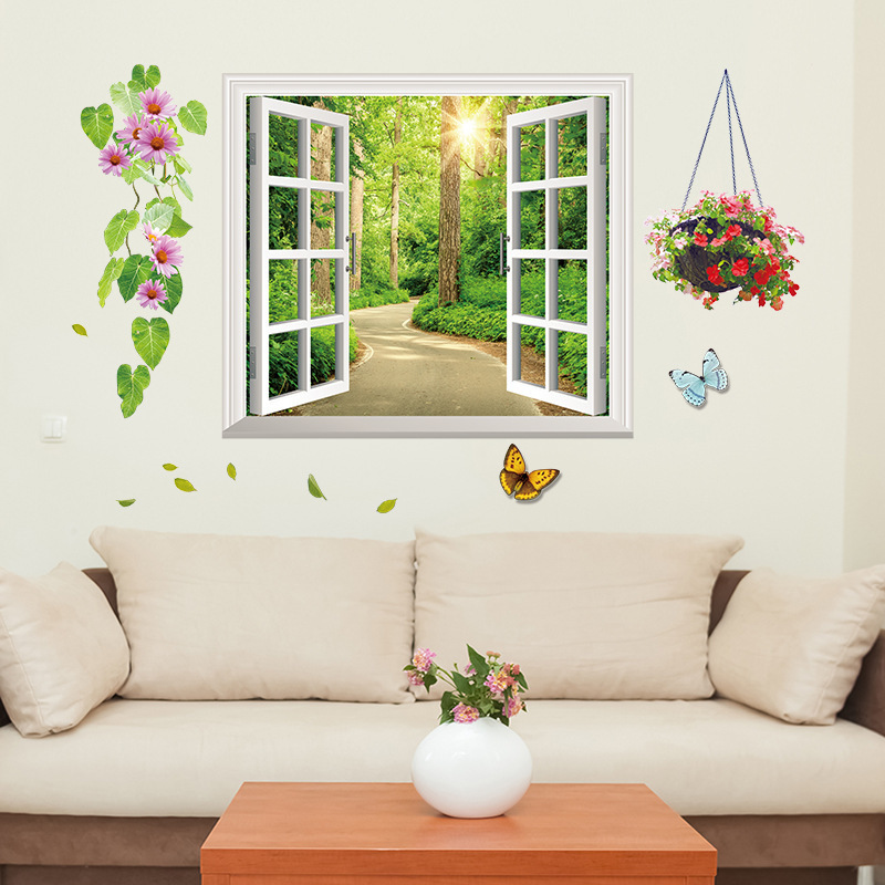 Decal dán tường cửa sổ rừng cây xanh