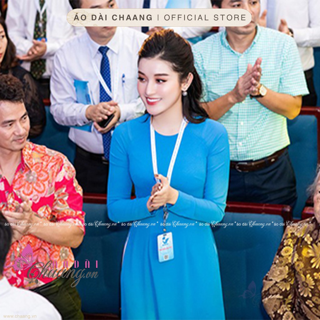Áo dài xanh thiên thanh_Chaang_May sẵn áo dài truyền thống cổ tròn, vải lụa co giãn