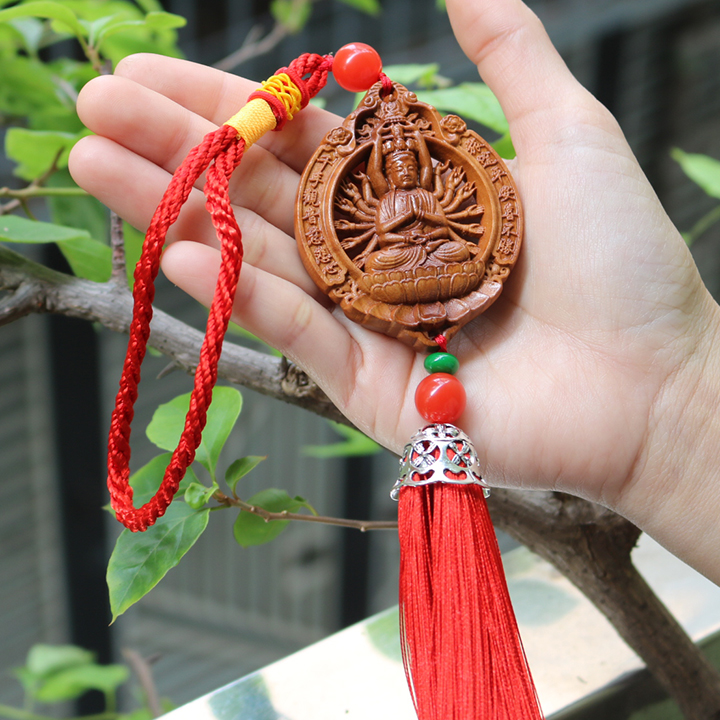 Dây ngũ sắc Phật Giáo Tây Tạng, chỉ ngũ sắc Phong Thủy - Dây chuyền treo xe ô tô phật bà quan thế âm gỗ hoàng dương - đi đường bình an may mắn