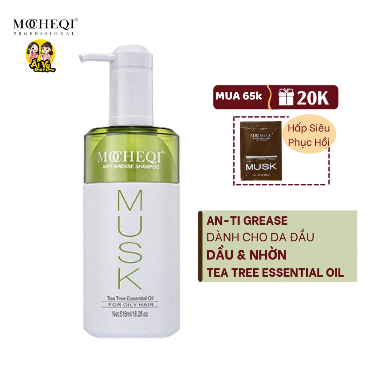 Dầu Gội Phục Hồi Hư Tổn Dành Cho Tóc Dầu và Nhờn MOCHEQI MUSK Tea Tree Essential Oil