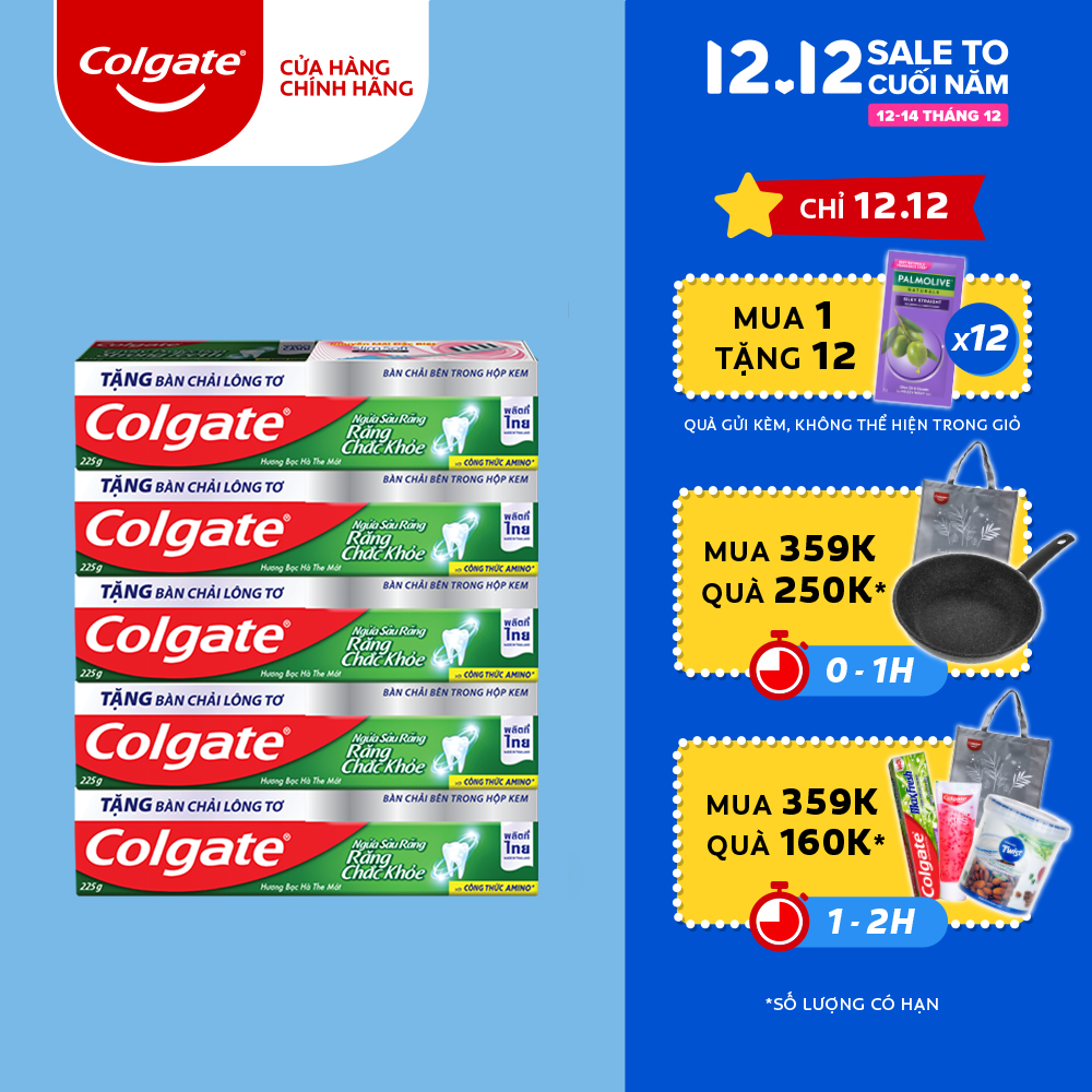 BÁO GIÁ BỘ 5 KEM ĐÁNH RĂNG COLGATE NGỪA SÂU RĂNG RĂNG CHẮC KHỎE 225G-TUÝP TẶNG BÀN CHẢI ĐÁNH RĂNG LÔNG TƠ NHẬP KHẨU THÁI LAN | Shopee Lazada Sendo Tiki mới nhất 2 Bộ 5 kem đánh răng Colgate ngừa sâu răng răng chắc khỏe 225g/tuýp tặng bàn chải đánh răng lông tơ nhập khẩu Thái Lan