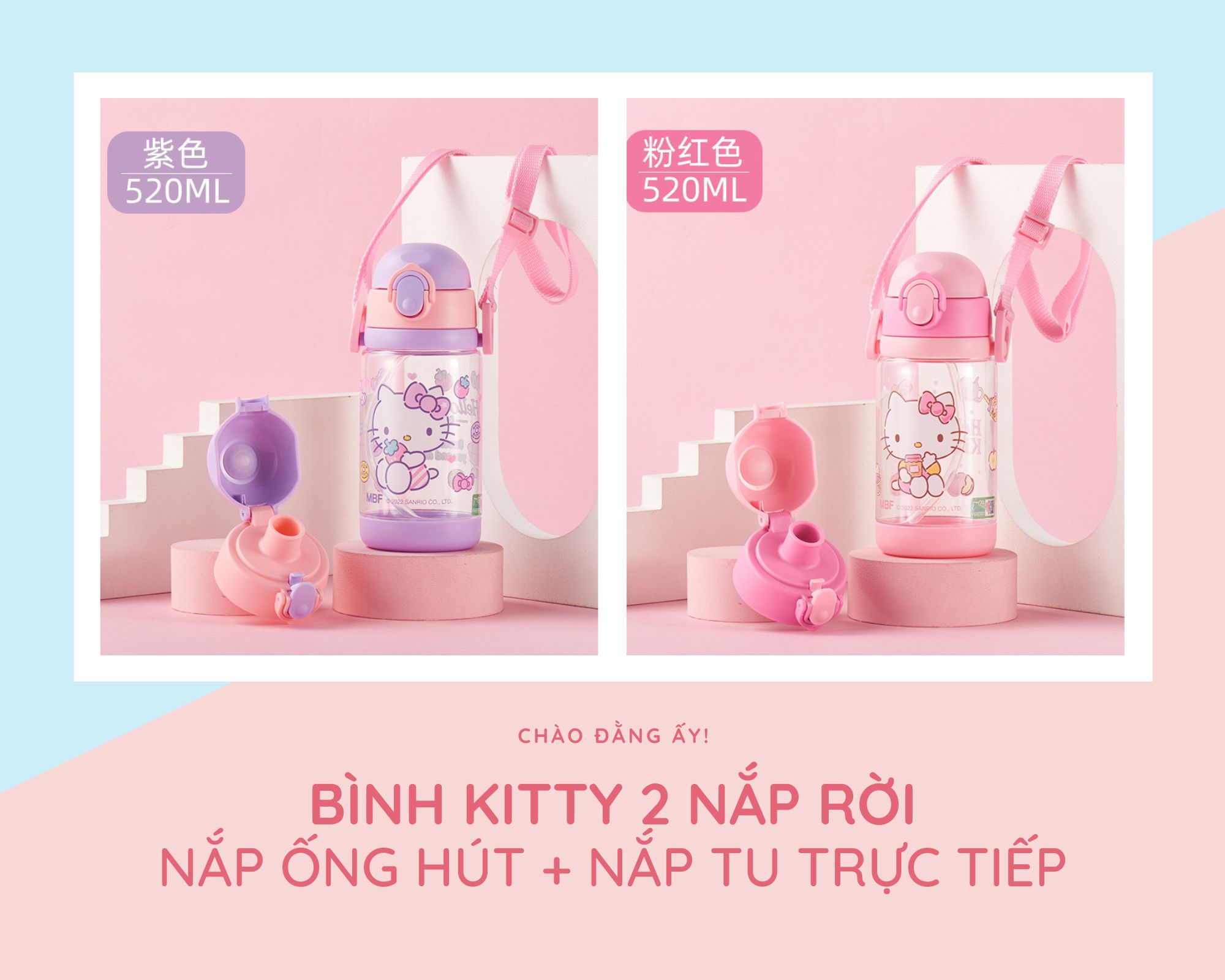 Bình Nước Dây Đeo Nhựa Tritan Kitty Cho Bé