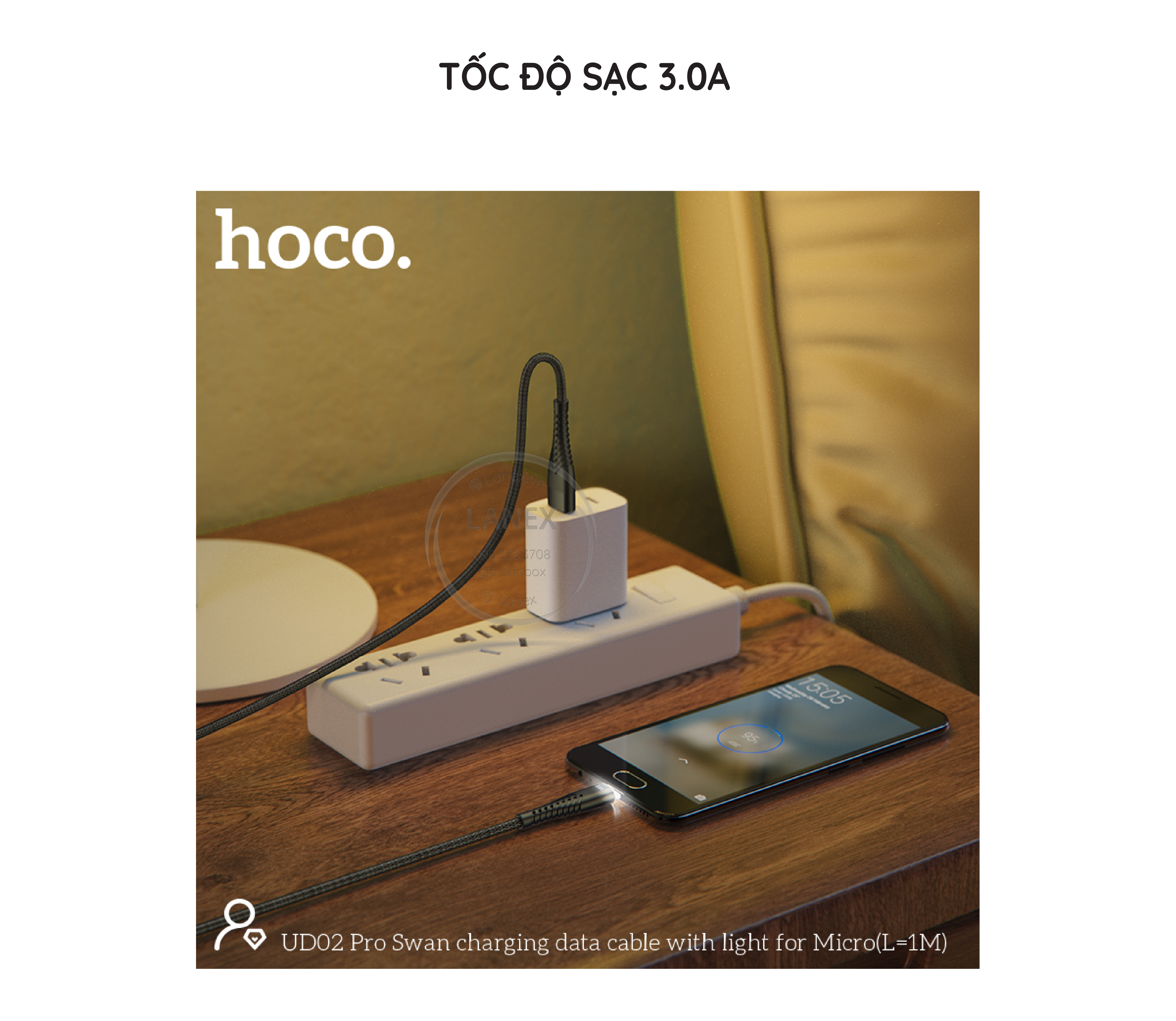 Cáp Sạc Nhanh Hoco Ud02 Pro Dây Dù Có Led Micro 3.0a Dài 1.0m