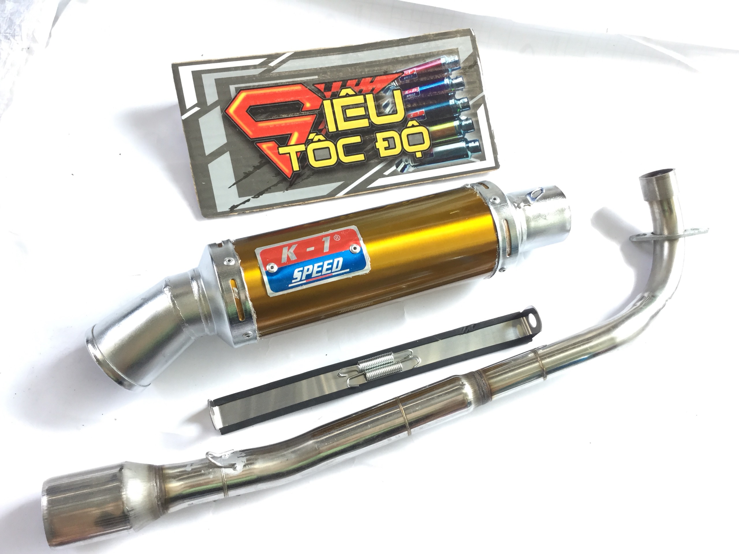 Pô k1 vàng full pass treo lò xo bao gồm cả cổ pô độ cho xe sirius, jupiter, taurus,...