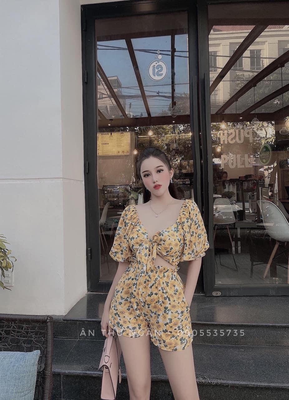 Sét bộ đồ nữ nhúm ngực họa tiết hoa
