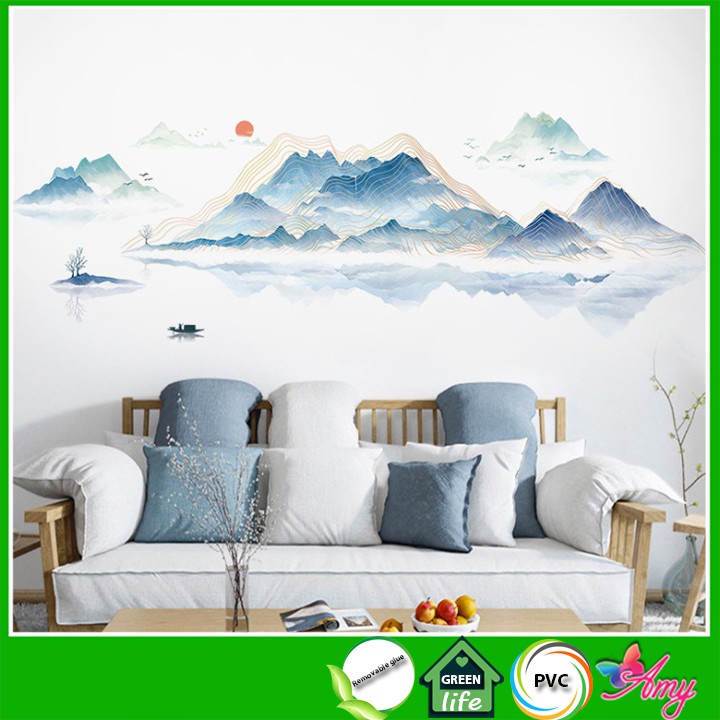 [HCM]Decal Dán Tường Tranh Thủy Mặc Sông Núi Bao La Trang Trí Phòng Khách Siêu Đẹp