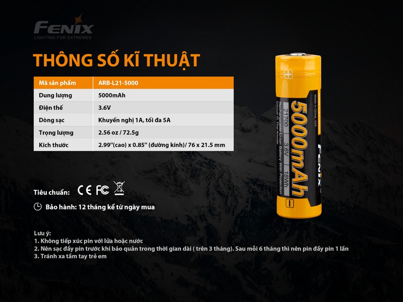 (01 viên) Pin sạc Fenix 21700 - ARB - L21-5000 - 5000 mAh
