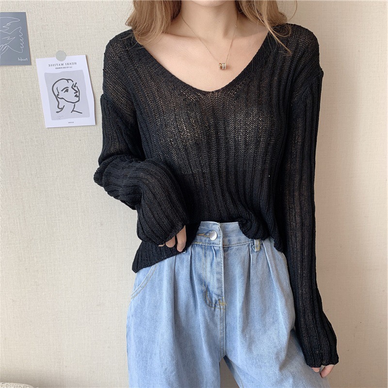MS229 Áo len dệt kim mỏng dài tay cổ tim