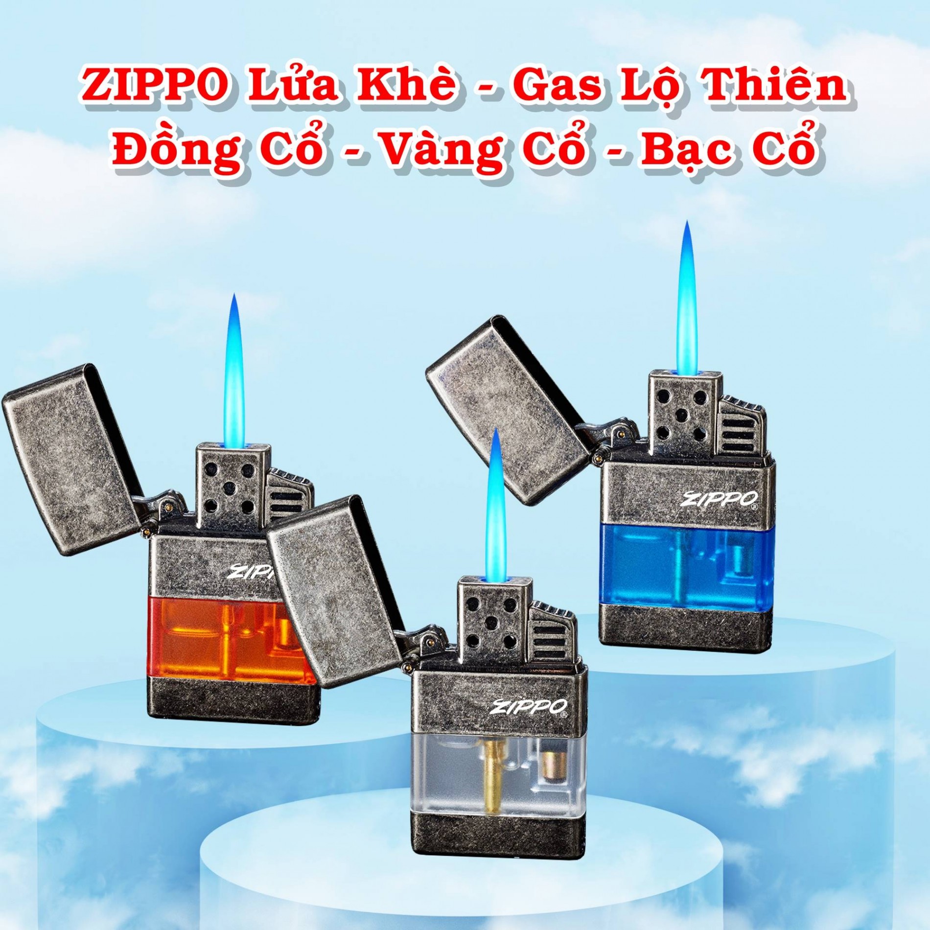 Bật lửa ziipo lửa khè - gas lộ thiên (đồng cổ, vàng cổ, bạc cổ) (có hộp) - (xài gas)