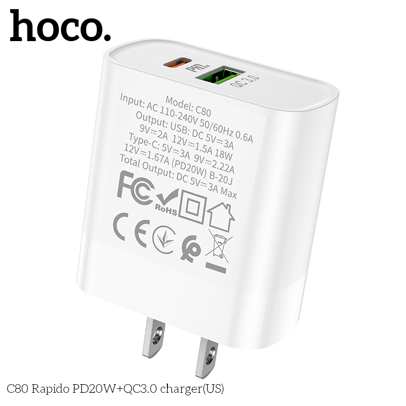 Cóc Sạc Nhanh Hoco C80 PD20W + QC3.0 2 Cổng Sạc TypeC Và USB