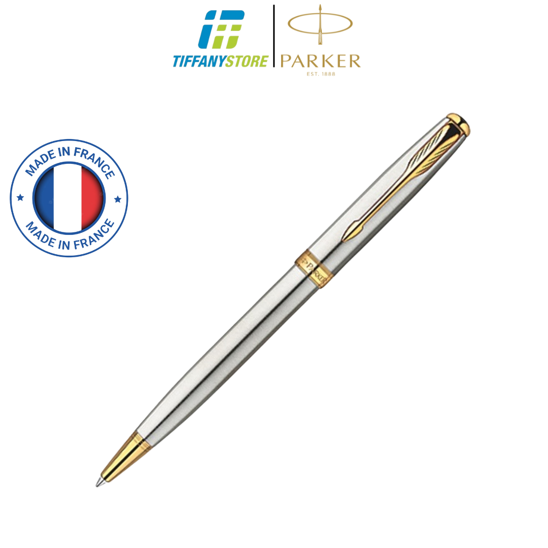 Bút bi parker sonnet stainless steel ballpoint pen with gold trim - ngòi m - mực đen - s11130362 - made in france