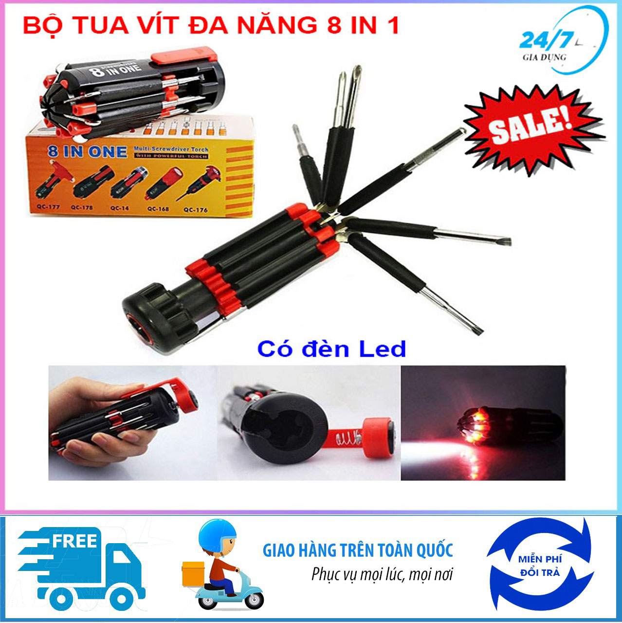 Bộ tua vít vặn ốc đa năng 8 in 1, Tuốc nơ vít 7 đầu có đèn Led siêu sáng, bộ Tô vít mini bỏ túi bằng thép không gỉ, bộ dụng cụ sửa chữa, tháo lắp vặn ốc vít nhỏ gọn tiện lợi, giá rẻ