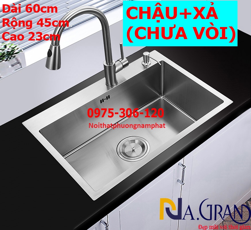 Chậu đúc dày chậu rửa chén bát inox sus 304 n17 6045 trơn na.grand và bộ xả chậu thoát nước xả to thoát nước nhanh