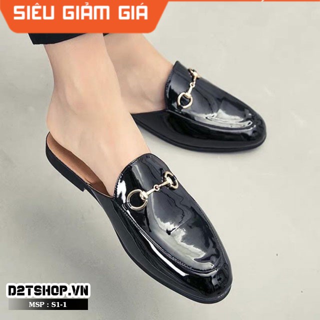 Giày sục nam da bóng trơn kết hợp xích vàng
