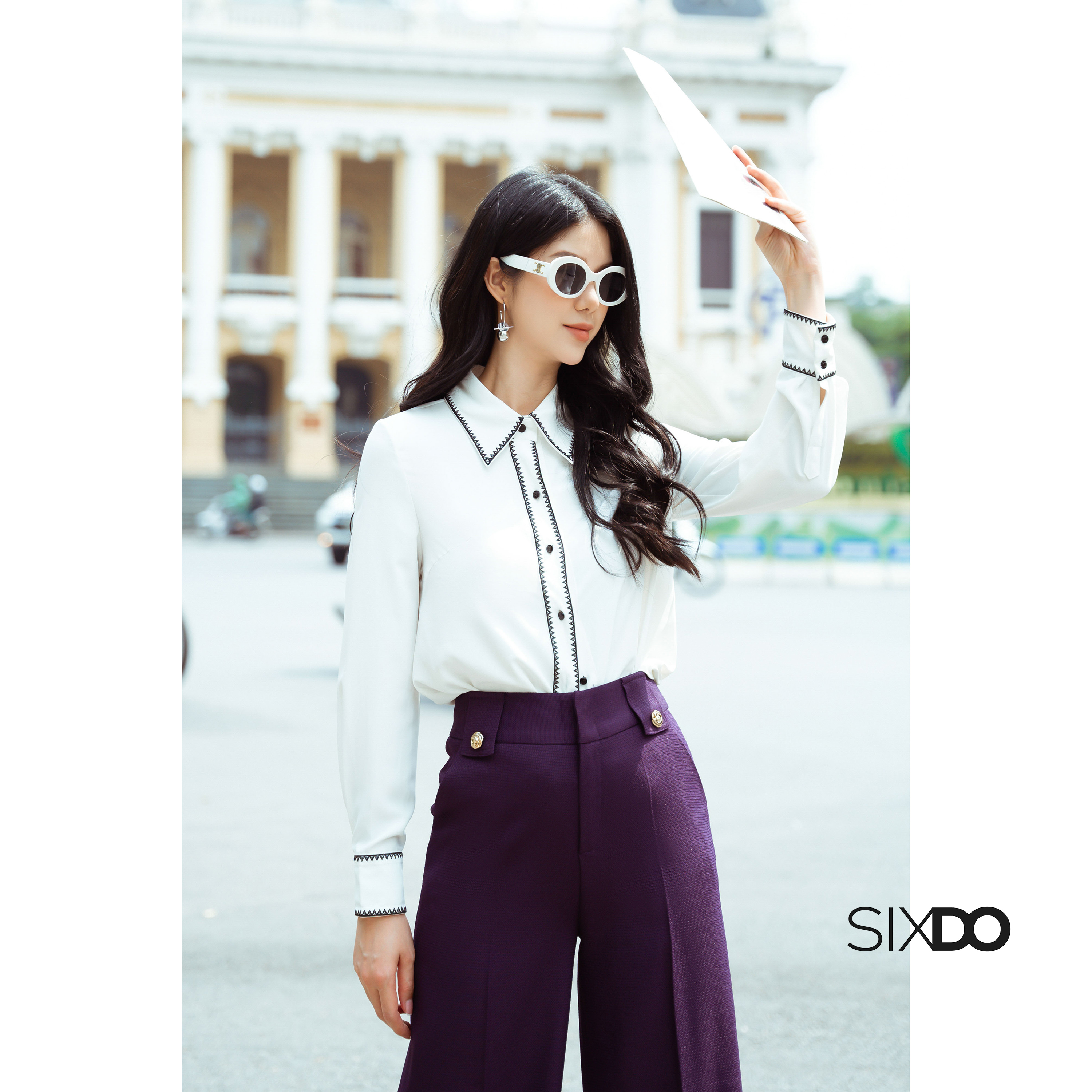 Áo sơ mi nữ lụa trắng viền đen SIXDO