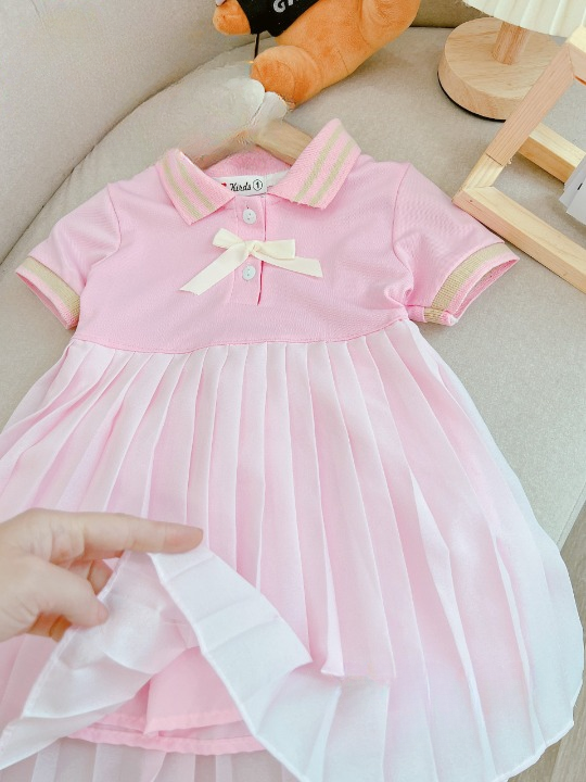 Váy bé gái xếp li 2 lớp nơ