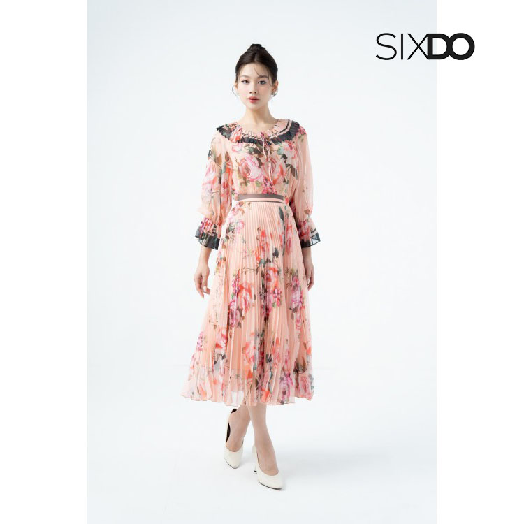 Chân váy hoa xếp ly midi thời trang SIXDO (Orangish-pink Rose Pleated Midi Voile Skirt)