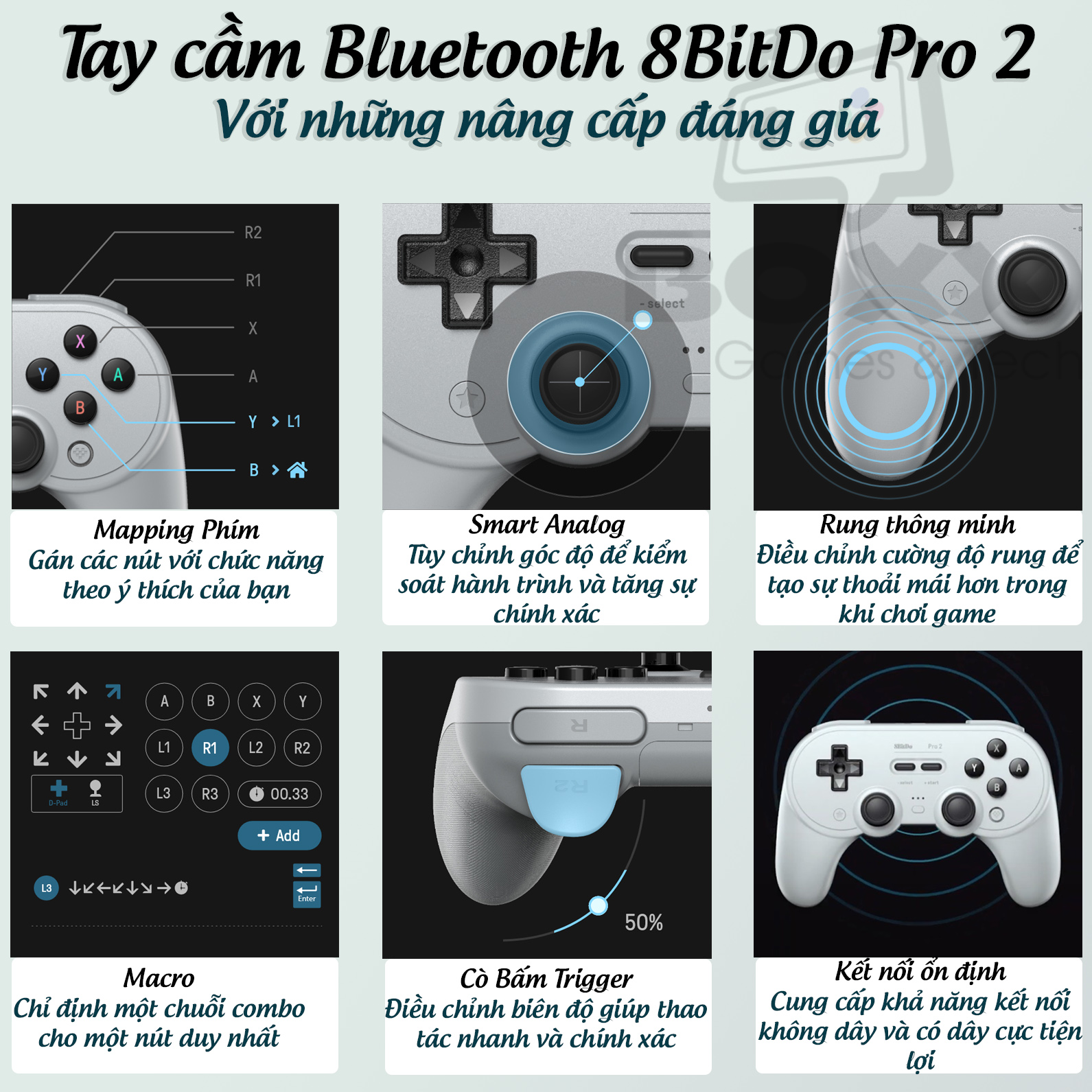 Tay cầm chơi game Bluetooth 8Bitdo Pro 2 cho Nintendo Switch, Windows, Mac, Điện thoại
