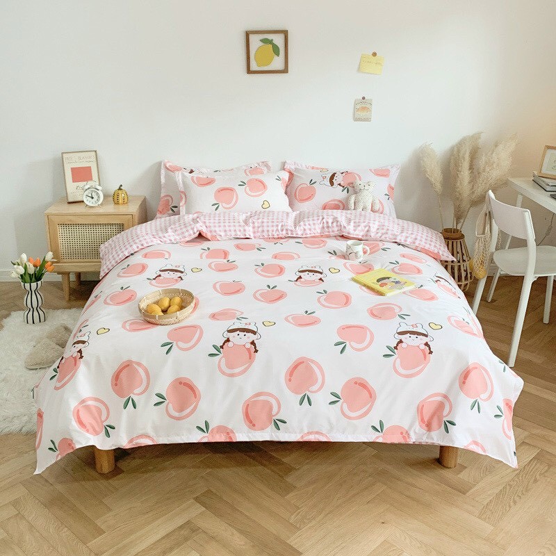 Bộ chăn ga gối cotton poly - Mẫu cô bé đào hồng.
