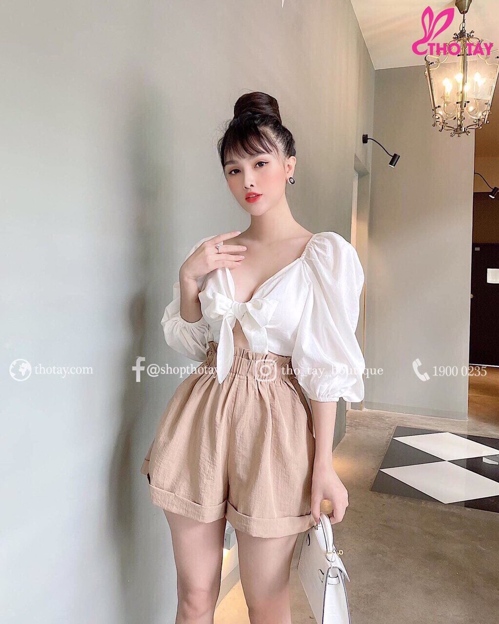 Set bộ nữ áo croptop tay lỡ cột nơ ngực quần đùi cực xinh