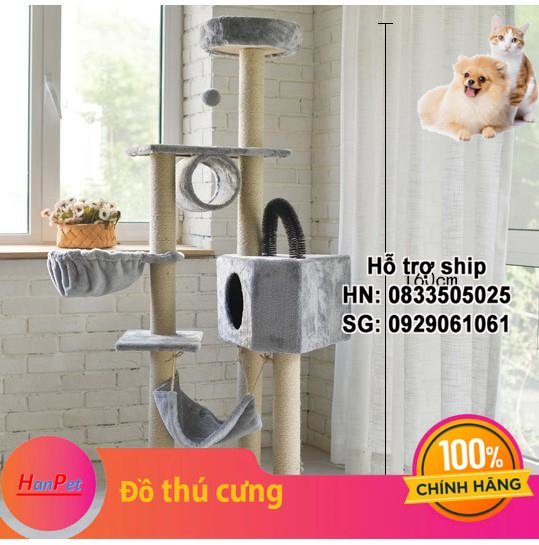 Hanpet -  - Trụ mèo cỡ lớn 1,6m - nhiều tầng MÀU XÁM - nhà mèo trụ cho mèo chơi đa chức năng /cat tree- HP10941TC