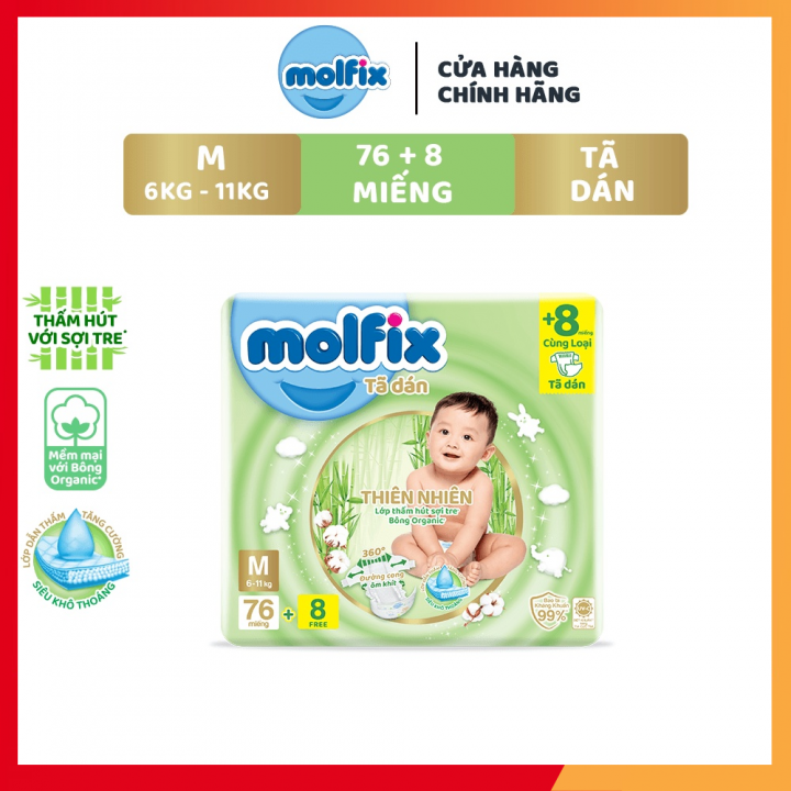 Tã/bỉm dán Molfix Thiên nhiên Super Jumbo M (6kg - 11kg) - Gói 76+8 miếng