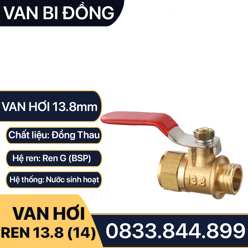 Van hơi đồng, van bi nước ren trong ren ngoài 13.8mm - Đồng thau