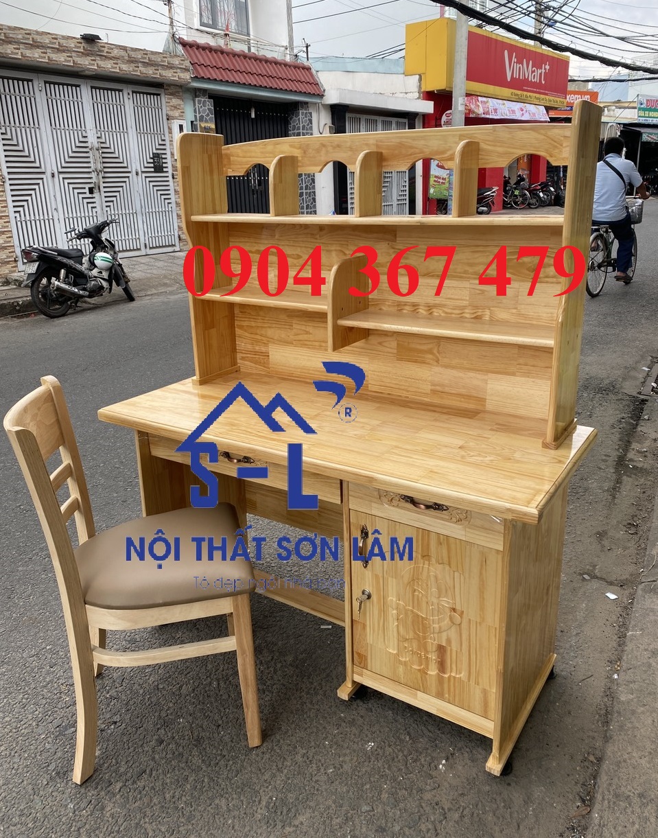 Bàn học sinh gỗ thông vàng tự nhiên kèm kệ sách