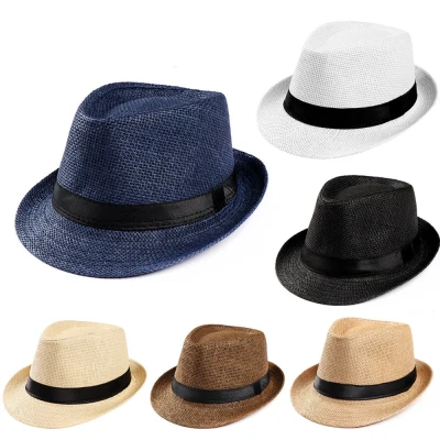 Unisex Trilby Gangster Cap Beach Sun Straw Hat Band Sunhat Belt top hat outdoor sun hat Straw Polyester Men's Travel cap new 17