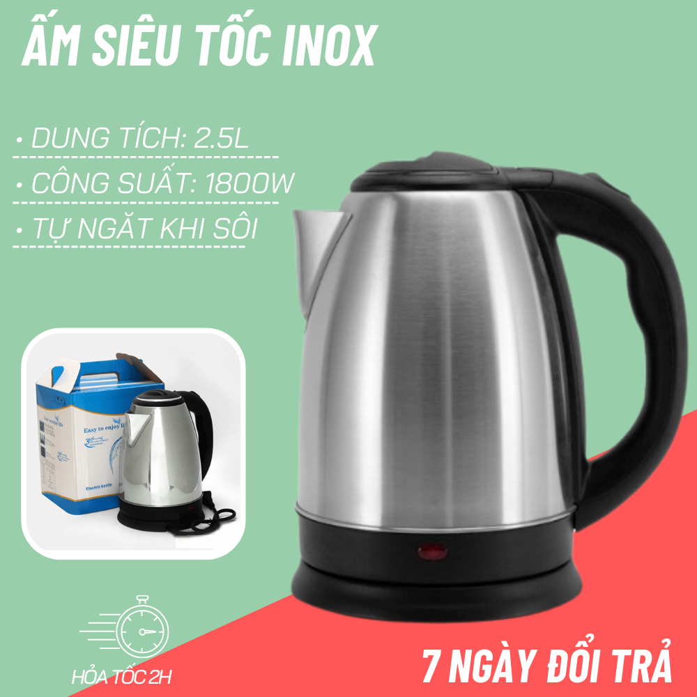 Ấm siêu tốc inox 1.8l cách nhiệt, bình đun siêu tốc đun nước siêu nhanh trong vòng 5 phút, bình thuỷ dun nước, ấm đun nước