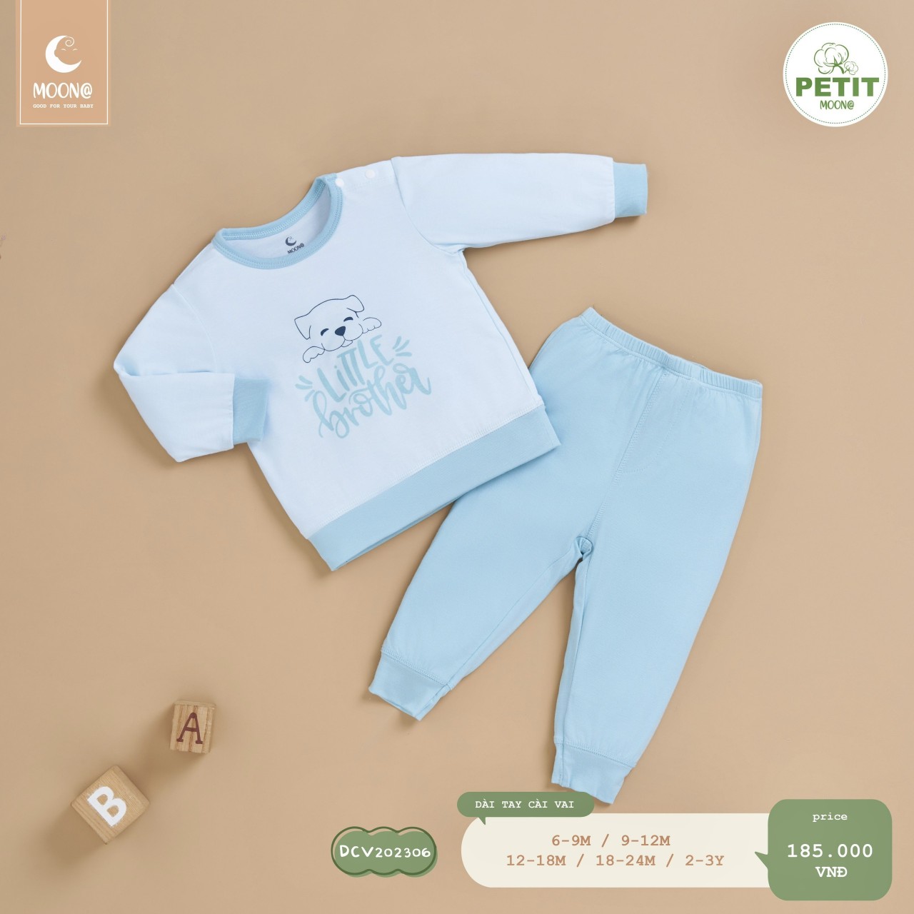 Bộ dài tay cài vai bo gấu chất petit mềm mại trẻ em Moon