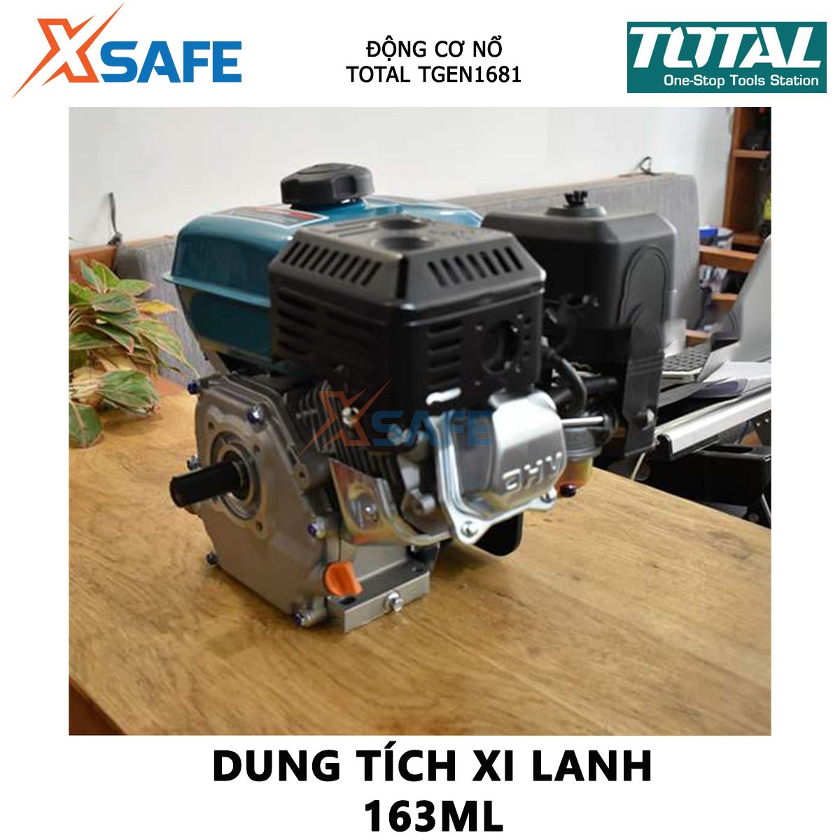Động cơ nổ TOTAL TGEN1681 đầu nổ dùng xăng Loại động cơ 4 thì, OHV, Đầu ra tối đa 5.5HP, Đường kính trục 20mm, Dung tích xi lanh(ml) 163 biến đổi cơ năng thành điện năng phát điện, hiệu chỉnh điện áp
