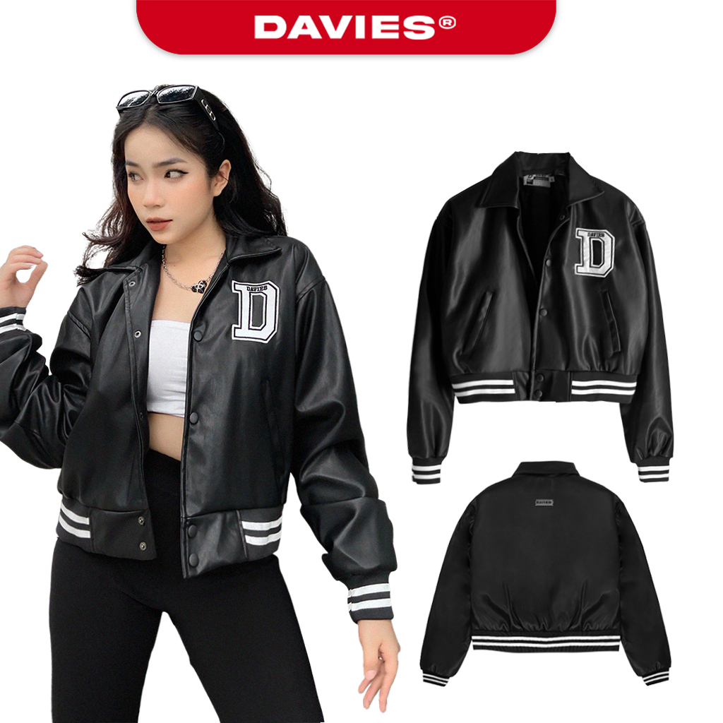 Áo khoác varsity da croptop nữ dáng ngắn local brand Davies Leather Cropped Varsity Jacket| D15-K33