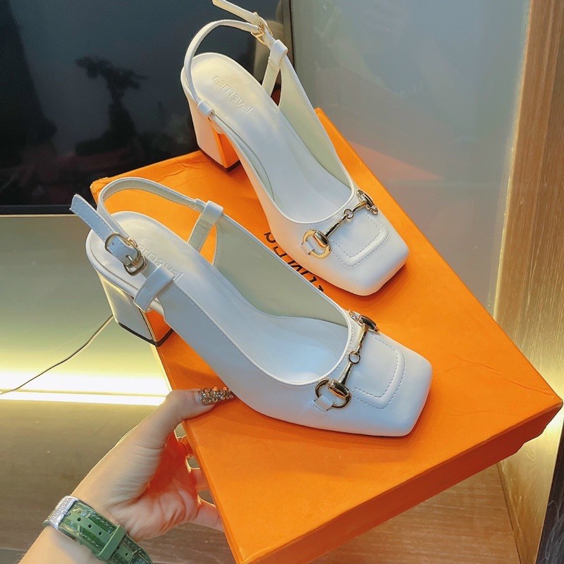 Sandal mũi vuông da mềm khoá sắt cao cấp gót 6p