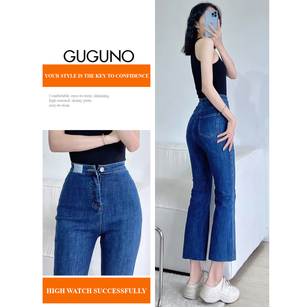 Quần jeans nữ ống loe cạp cao GUGUNO