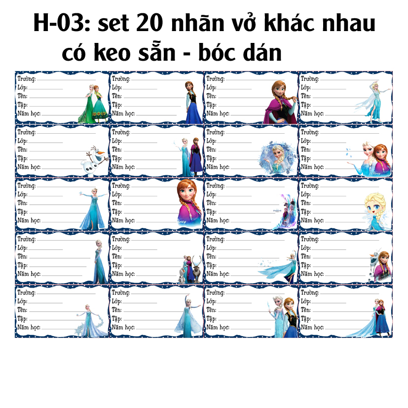 Nhãn vở Công chúa Elsa - Nhãn dán Công chúa Elsa (set 20 nhãn vở khác nhau)