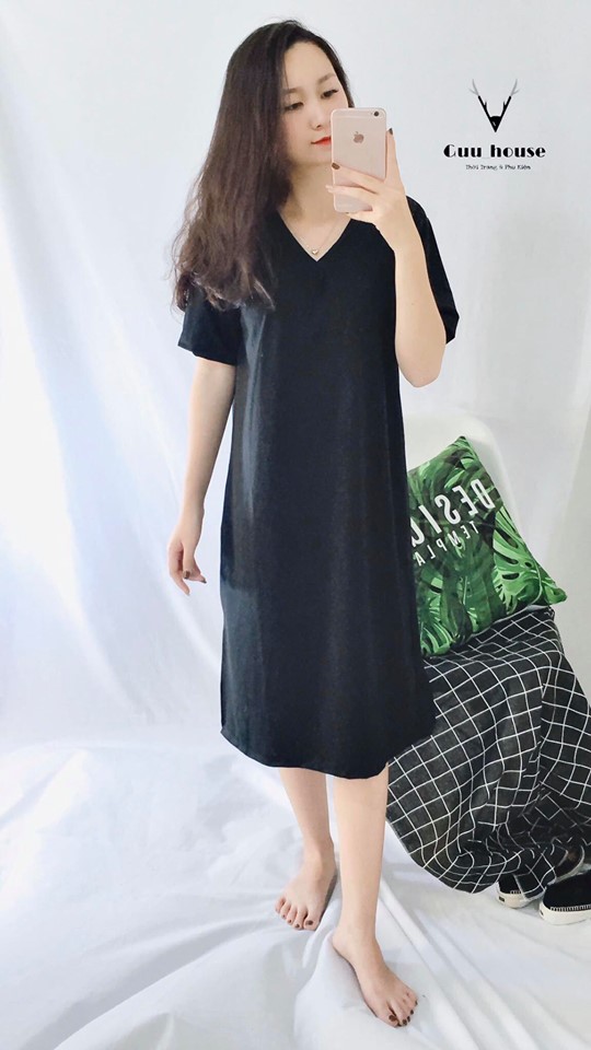 Đầm suông nữ - váy suông cổ tim basic form vải cotton mềm mịn thoáng mát