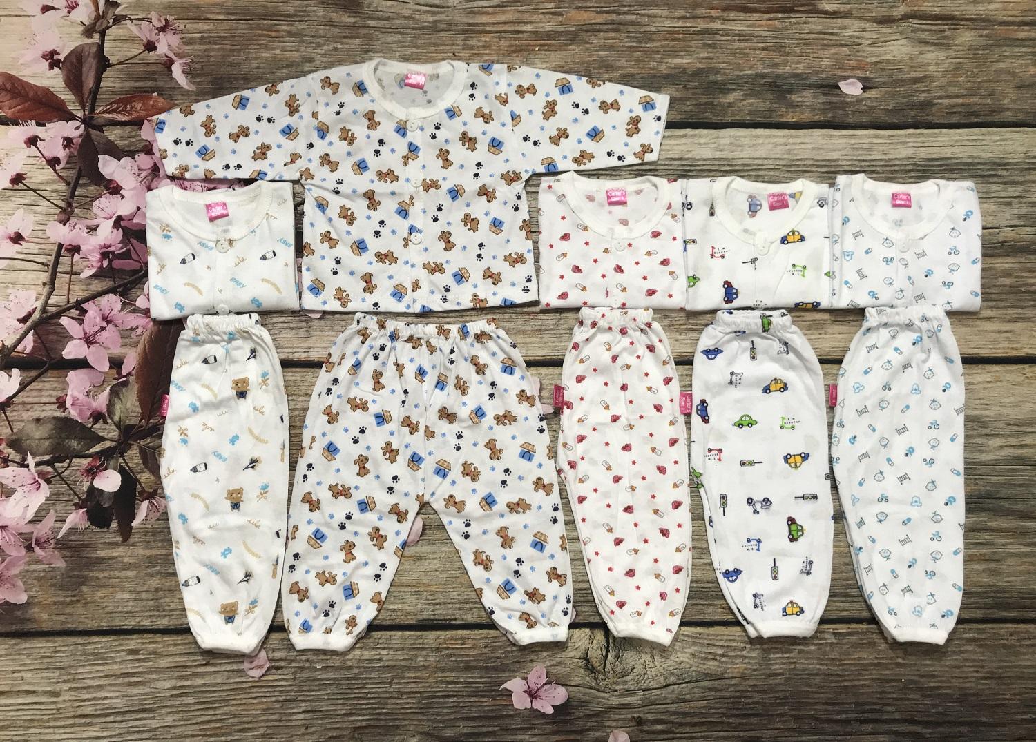 Combo 5 Bộ Quần Áo sơ sinh dài tay màu trắng in họa tiết chất cotton mềm mại có size cho bé từ 3 - 8kg - Bộ đồ sơ sinh cho bé - Quần áo cho bé sơ sinh