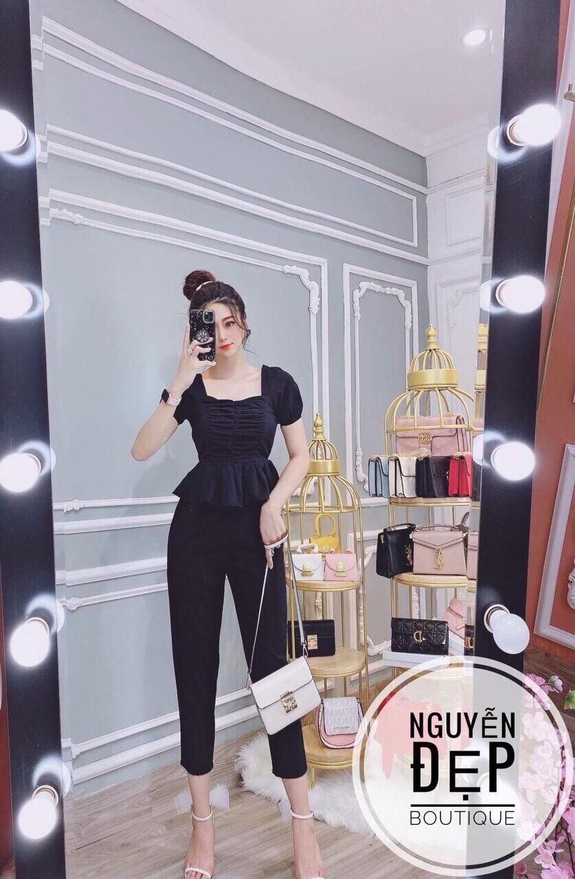 Sét bộ nữ cổ vuông quần dài nhún eo