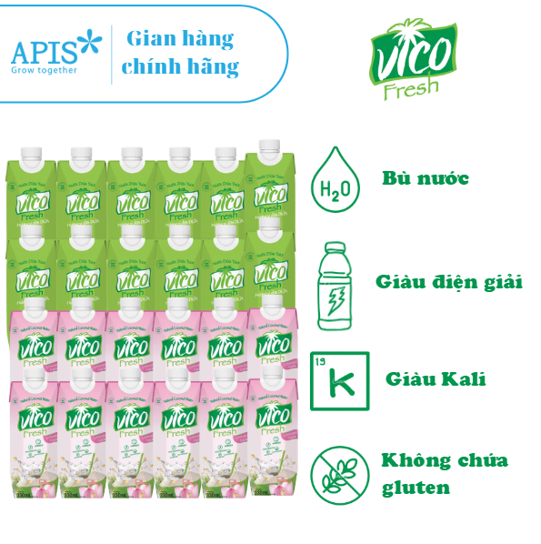 Thùng 24 Hộp Nước Dừa Vico Fresh 330ml (12 Dứa, 12 Sen)