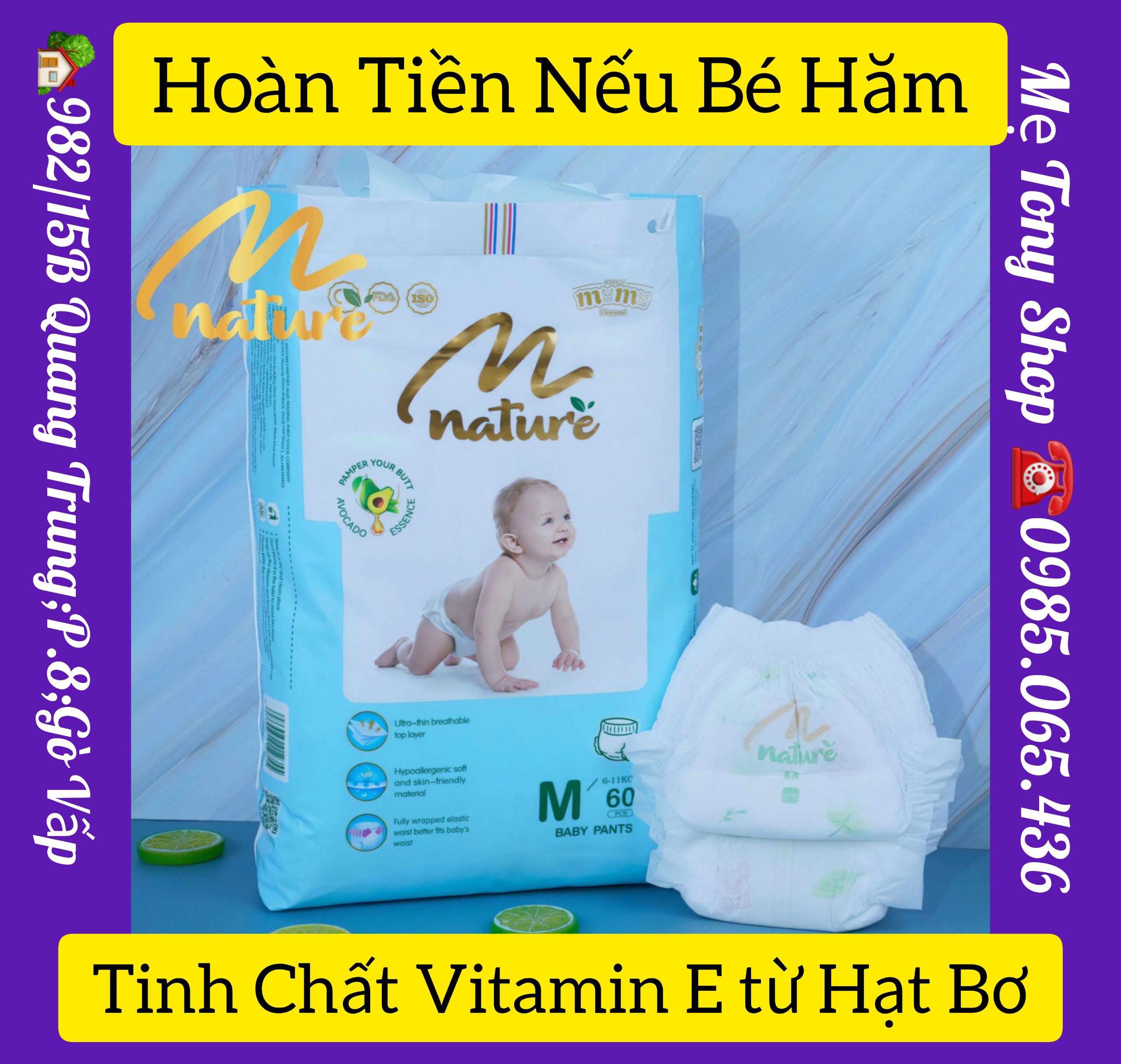 Dùng thử 1 miếng bỉm tã dán/quần momo diamond nature hạt bơ cao cấp đủ size