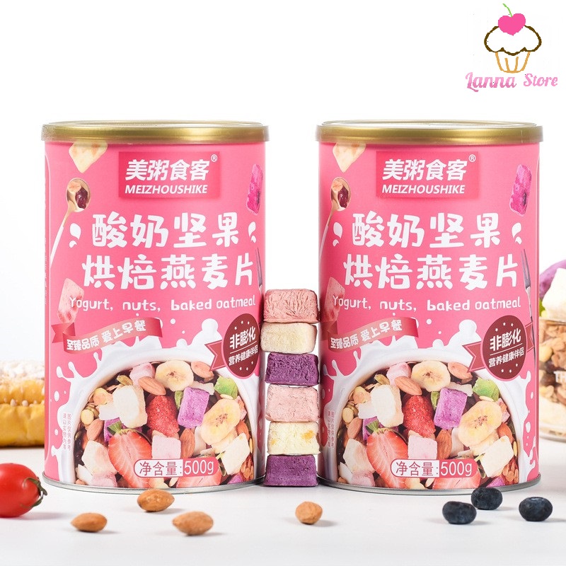 [GIẢM CÂN] Ngũ cốc sữa chua ăn kiêng mix hạt, hoa quả OATMEAL hộp Hồng 500g - Mezihoushike -Z11