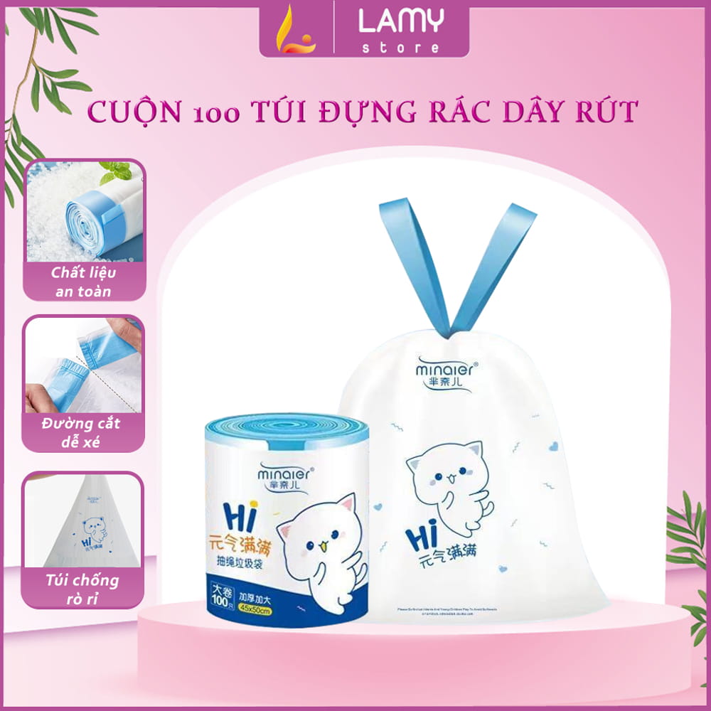 Túi đựng rác dây rút minaier chống rò rỉ nước, cuộn 100 túi rác có dây rút không sợ bẩn tay siêu dai kích thước 45x50cm