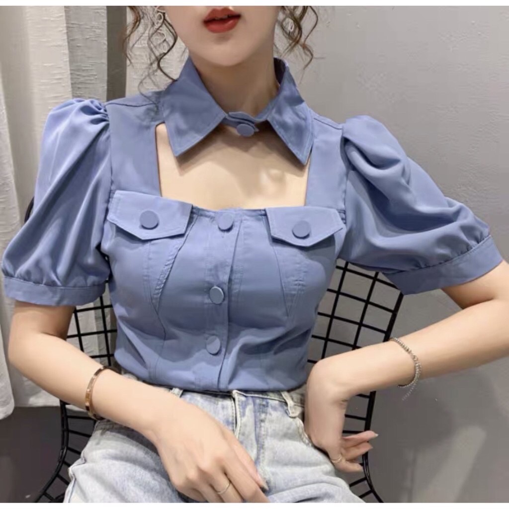 áo sơ mi kiểu cut out phần cổ ( CÓ KÈM ẢNH THẬT)