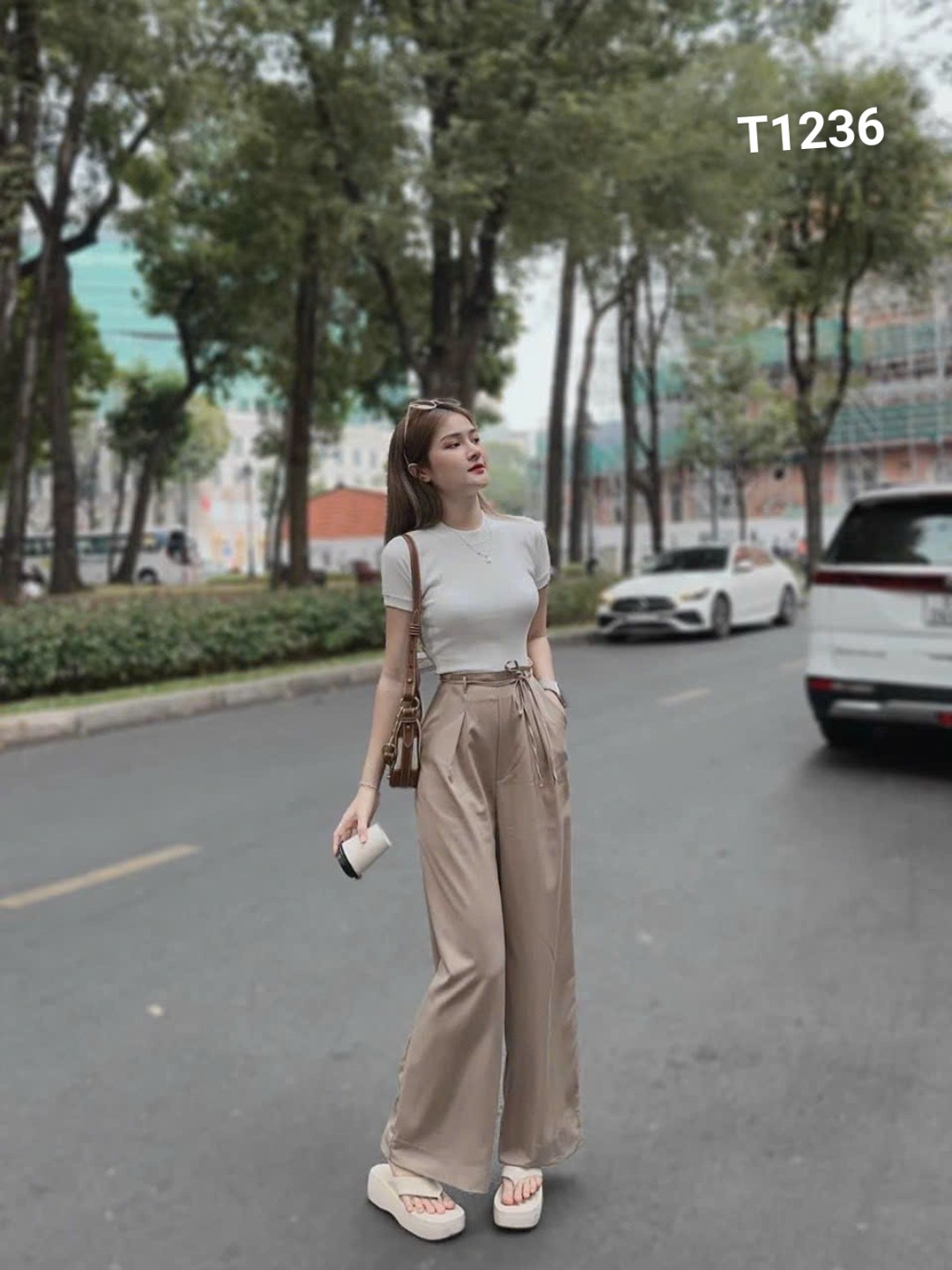 Set bộ quần ống rộng áo gân 2 màu y hình cotton lạnh thun gân tăm T1236
