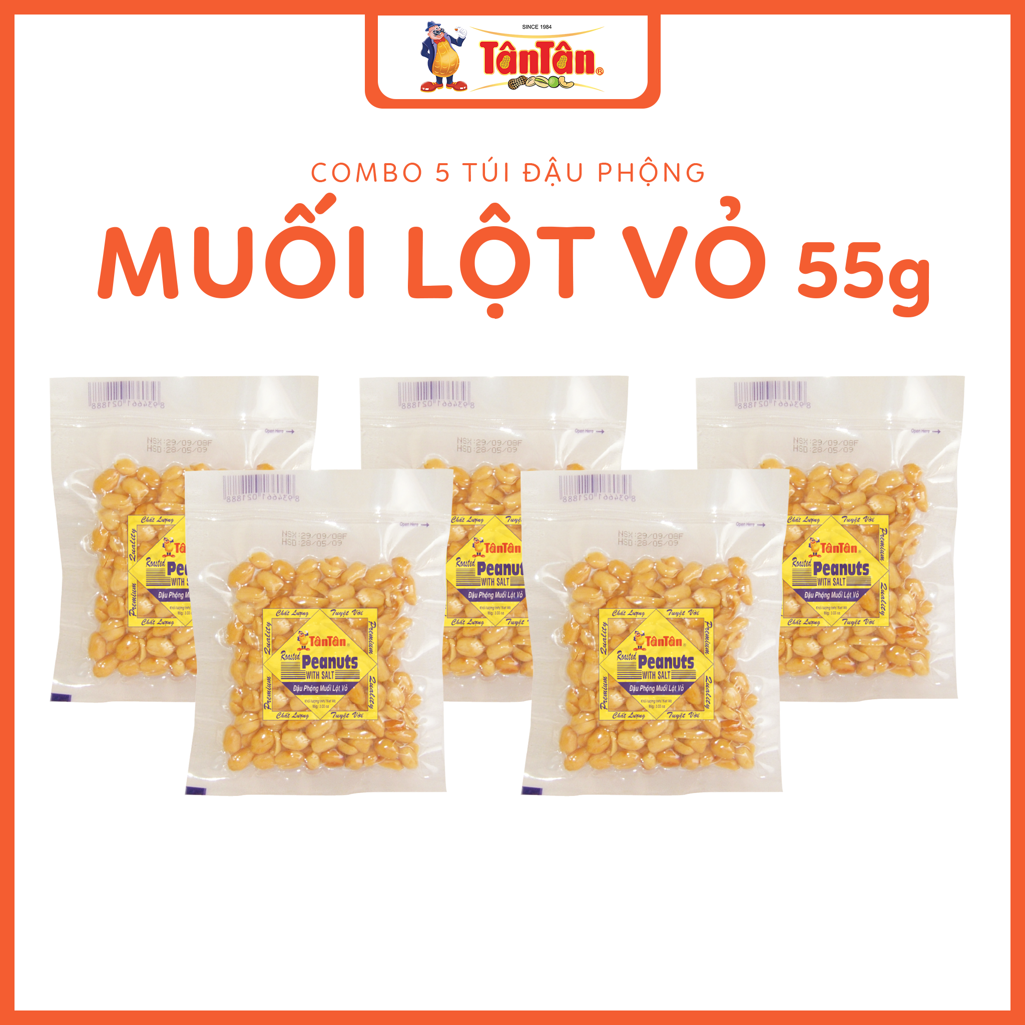 Combo 5 gói Đậu phộng muối lột vỏ Tân Tân (55g/gói)