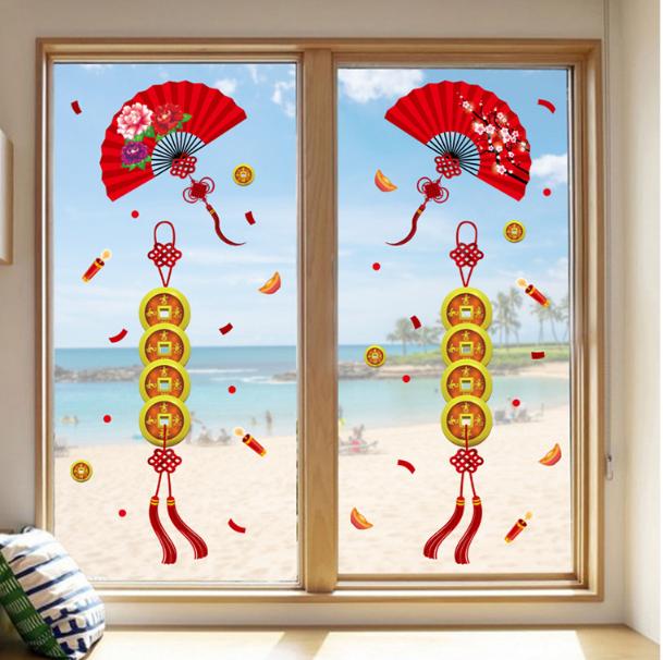 [HCM]Decal Trang Trí Tết - Quạt Đỏ Dây Đồng Xu May Mắn